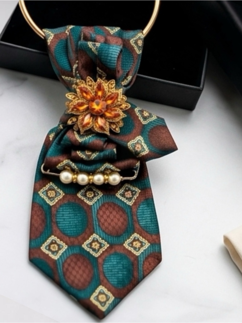 Teal & Brown Geometric Necklace Necktie  with Gold Flower Brooch